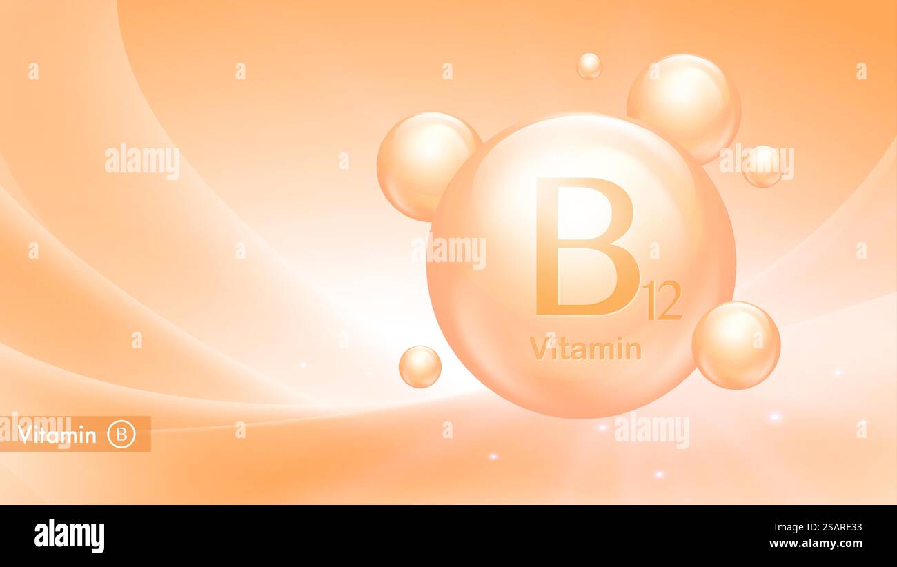 Vitamin-B12-Vektor-Banner mit Tropfenblasen. Medizinisches Poster des Vitamin-B-Komplexes. Gesundheits- und Schönheitspflege. Nahrungsergänzungsmittel Stock Vektor