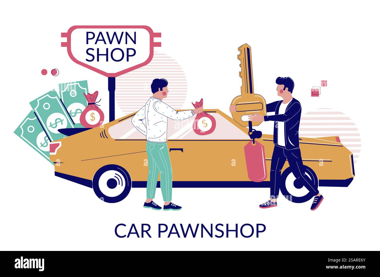 Pfandhaus, Vektor-Illustration. Pfandleiher schnelle Bargelddarlehen für Automobile. Der Kunde bekommt die Tasche voller Geld im Austausch für den Autoschlüssel... Auto Pfandhaus Vektor flache Stil Design Illustration Stock Vektor