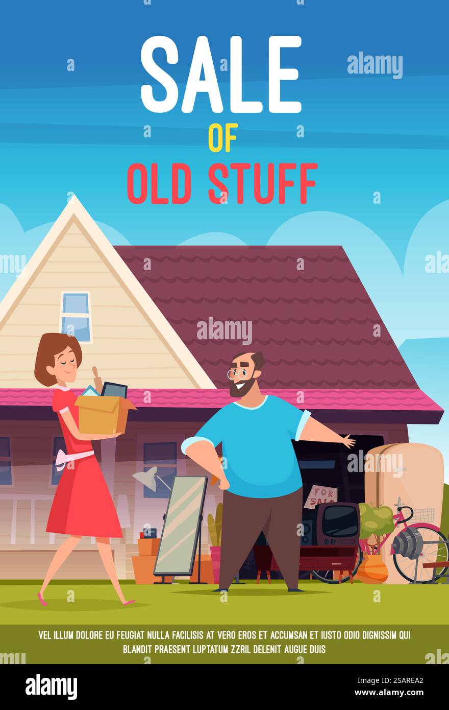 Einladung zum Flohmarkt. Alte Vintage Gadgets Werkzeuge und Kleidung für den Verkauf Marktplatz in der Nähe von Haus exaktes Vektorposter mit Platz für Text. Illustration des Flyerdesigns des Verkaufsmarktes. Einladung zum Flohmarkt. Alte Vintage Gadgets Werkzeuge und Kleidung für den Verkauf Marktplatz in der Nähe von Haus exaktes Vektorposter mit Platz für Text Stock Vektor