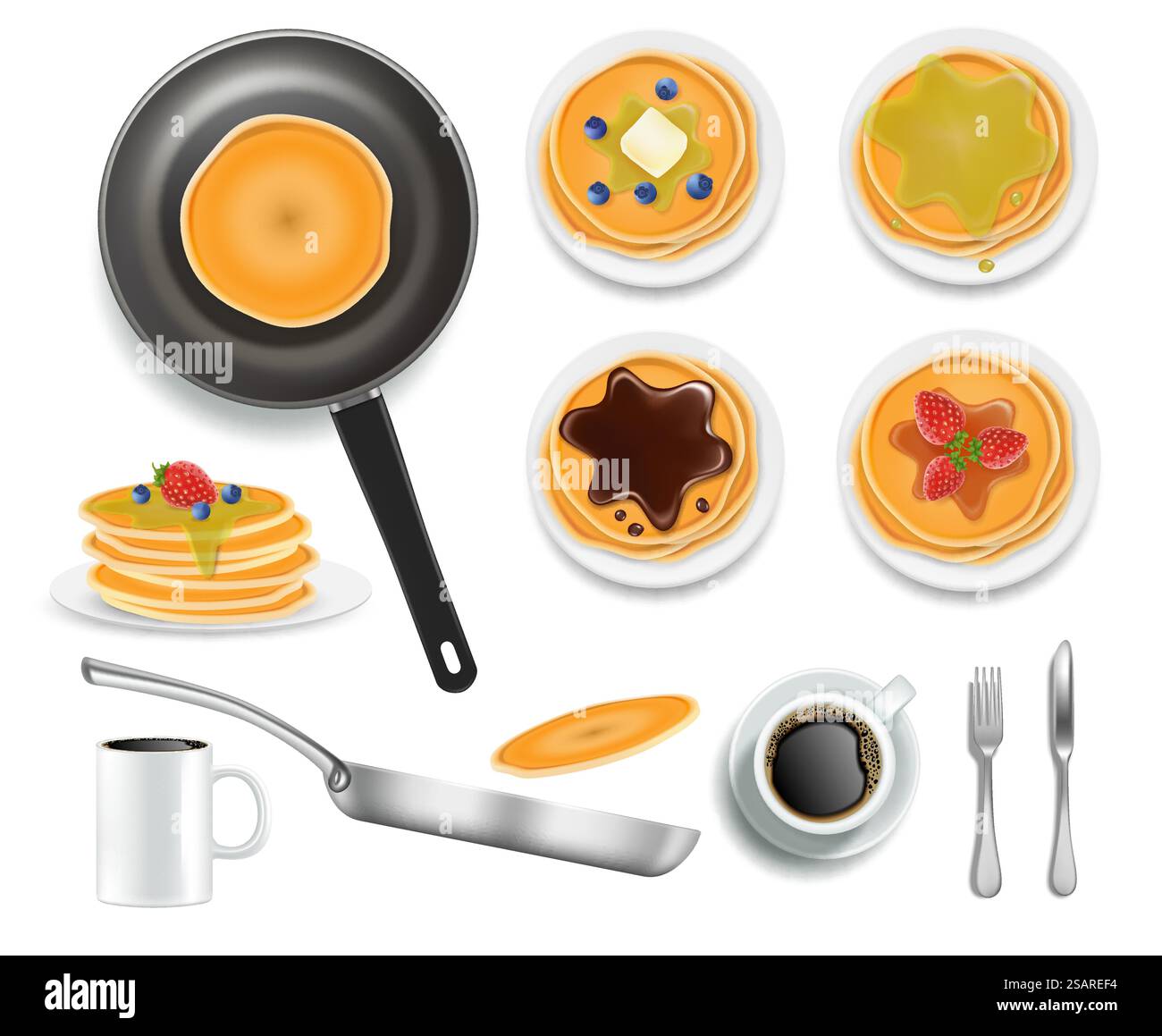 Flauschige Pfannkuchen mit verschiedenen Toppings Honig, Schokolade, Heidelbeere und Erdbeerfrüchte, Vektor isolierte Illustration. Realistische Pfanne mit Pfannkuchen, Kaffee. Traditionelles amerikanisches Frühstück. Flauschige Pfannkuchen mit Honig, Schokolade, Heidelbeere und Erdbeerfrüchten, Vektor isolierte Illustration. Amerikanisches Frühstück Stock Vektor