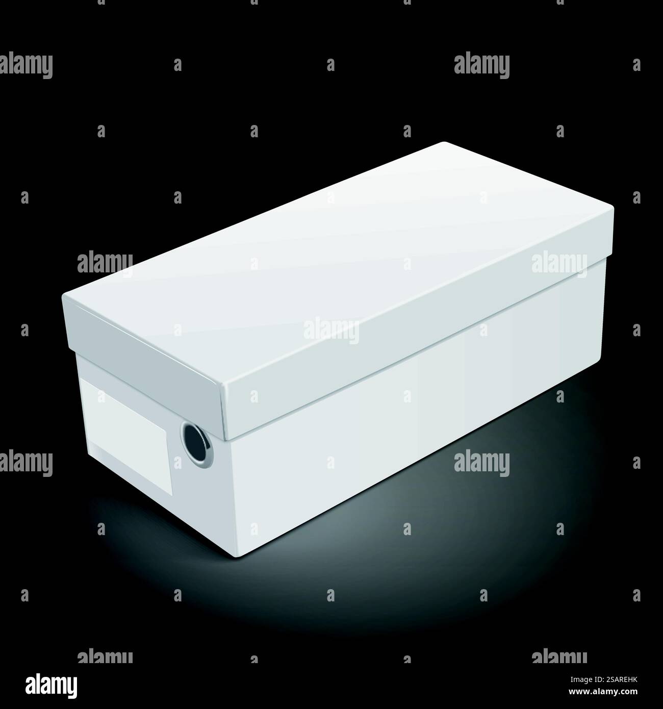 Leere Schuhschachtel mit Etikett auf schwarzem Hintergrund. 3D-Abbildung... Leere Schuhkiste Stock Vektor