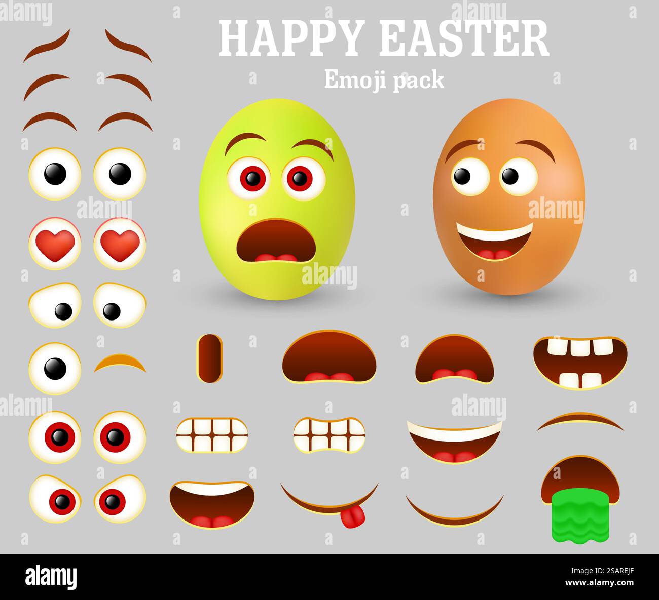 Ostereier, Emoticon-Charaktermacher, Smiley-Schöpfer. Vektorsatz von Emoticon Gesichtsteilen für Ihre eigene Emoji-Erstellung mit verschiedenen Gesichtsausdrücken. Happy Easter Egg Emoji Pack. Vektor-Ei-Emoji-Maker, Emoticon-Schöpfer Stock Vektor