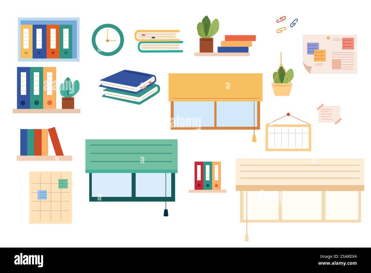 Set mit Bürobedarf, Fensterjalousien, Pflanzen und Wanduhr. Illustration des flachen Vektors. Set von Büroartikeln Stock Vektor