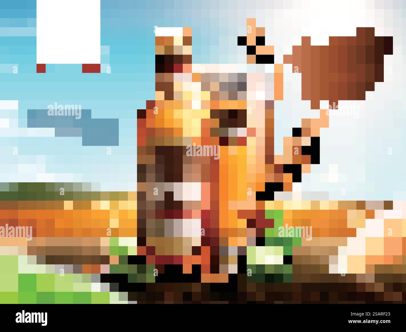 Attraktive Glasflasche Weizenbier mit Hopfen auf Holztisch, Bokeh goldenes Weizenfeld in 3D Illustration. Attraktive Glasflasche Weizenbier Stock Vektor