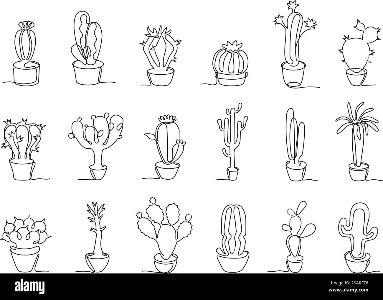 Eine durchgehende Linie Topfkaktus. Handgezeichnete mexikanische Kakteen, Wohnkultur Pflanzen Vektor-Illustration Set. Minimalistisches Design mit Innenblumentopf mit stacheligen Zimmerpflanzen isolierter Kollektion. Eine durchgehende Linie Topfkaktus. Handgezeichnete mexikanische Kakteen, Wohnkultur Pflanzen Vektor-Illustration Set Stock Vektor