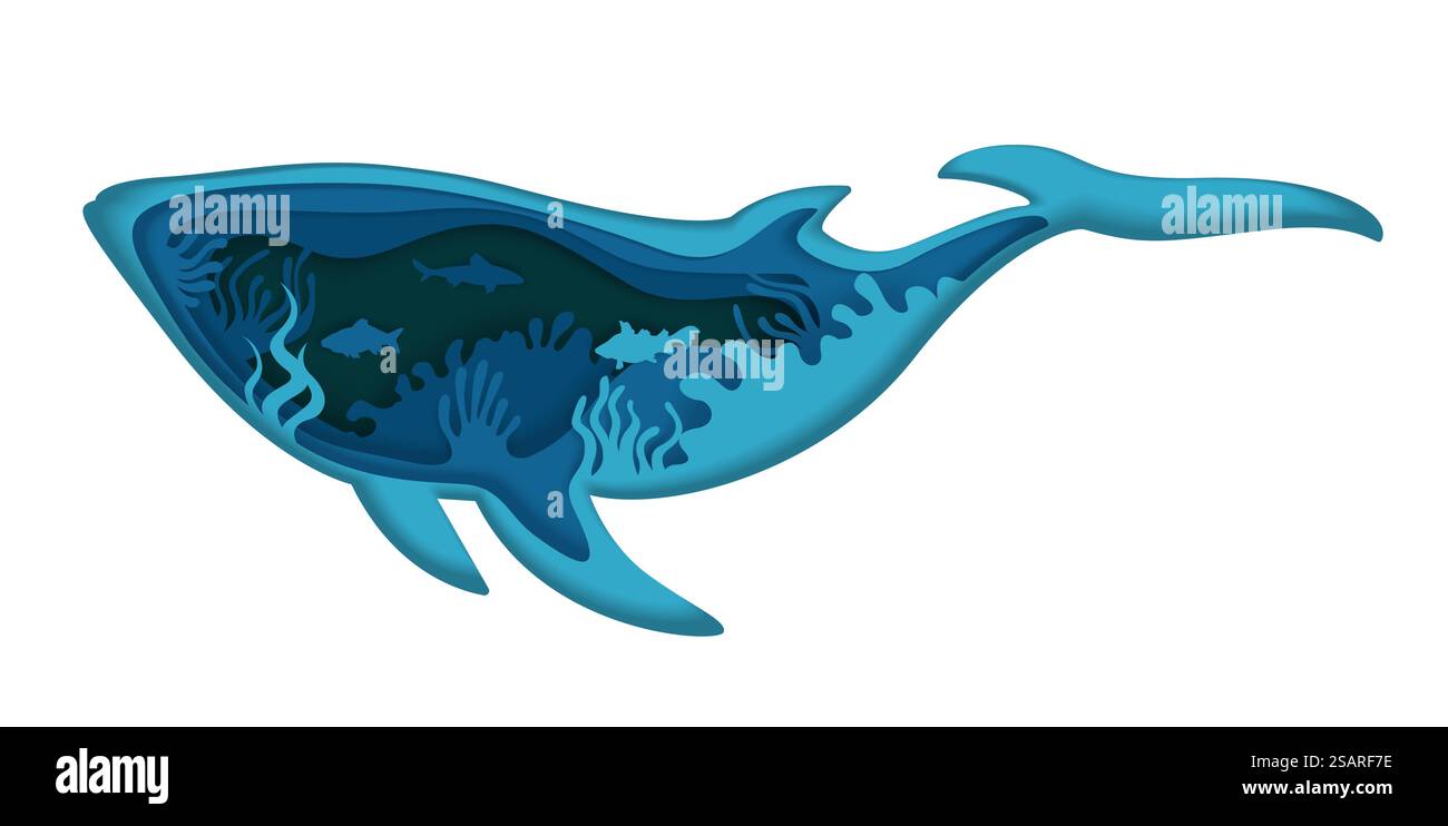 Doppelt belichtete Vektor-Layered Papier geschnitten große Wal Silhouette und Unterwasserhöhle mit Korallenriff, Fisch. Schöne trendige Marine Komposition für Karte, Poster, Banner, Website-Seite usw. Doppelter Belichtungsvektor-Layered Papier geschnittener Wal Stock Vektor