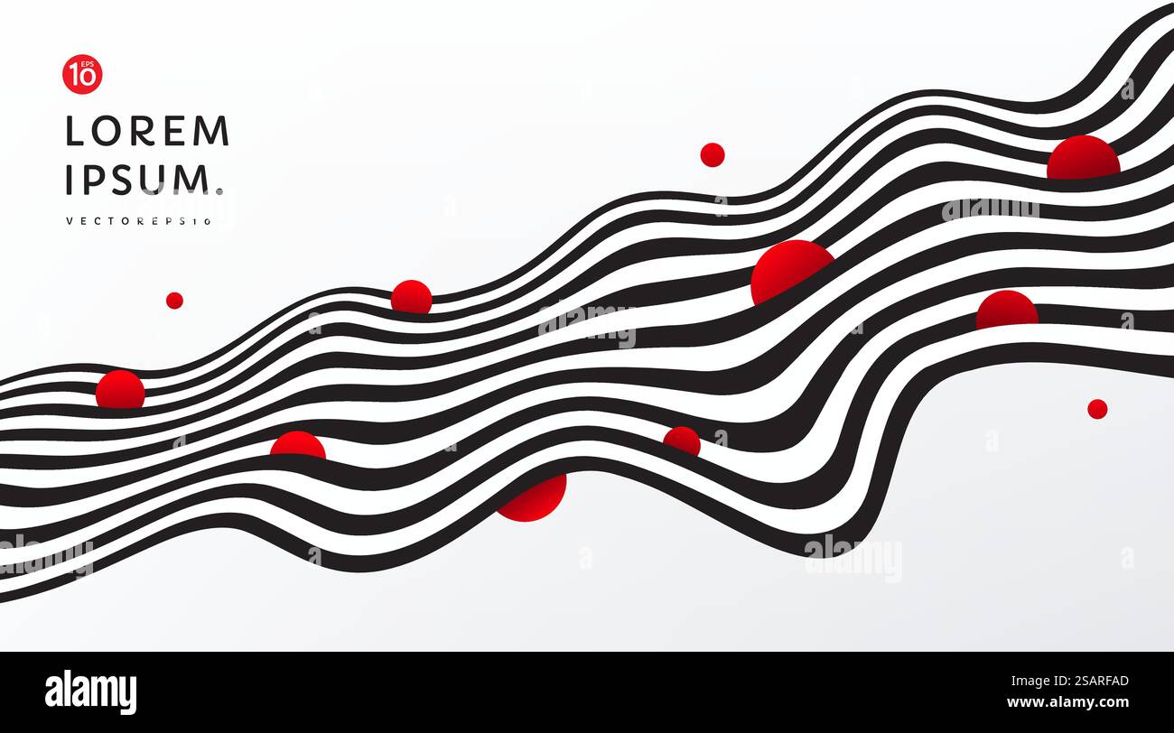 Abstrakte, fließende Streifen zeichnen einen schwarz-weißen Kontrasthintergrund mit roten Kreisen. Wellenförmiges Streifenmuster mit Kopierraum. Modernes und minimalistisches Bannerdesign. EPS 10 Vektor. Stock Vektor