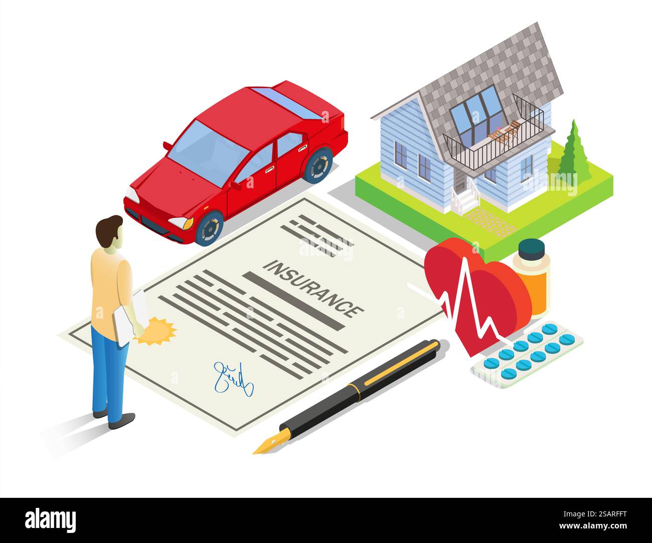 Vektor-Illustration für Versicherungsdienstleistungen. Isometrisches Auto, Haus, Versicherungspolice, Geld, Stift, Herz mit Medikamenten und männlichem Charakter. Auto, Haus, Krankenversicherung Konzept für Banner, Website Seite etc.. Versicherungsdienstleistungen Konzept Vektor flache isometrische Illustration Stock Vektor