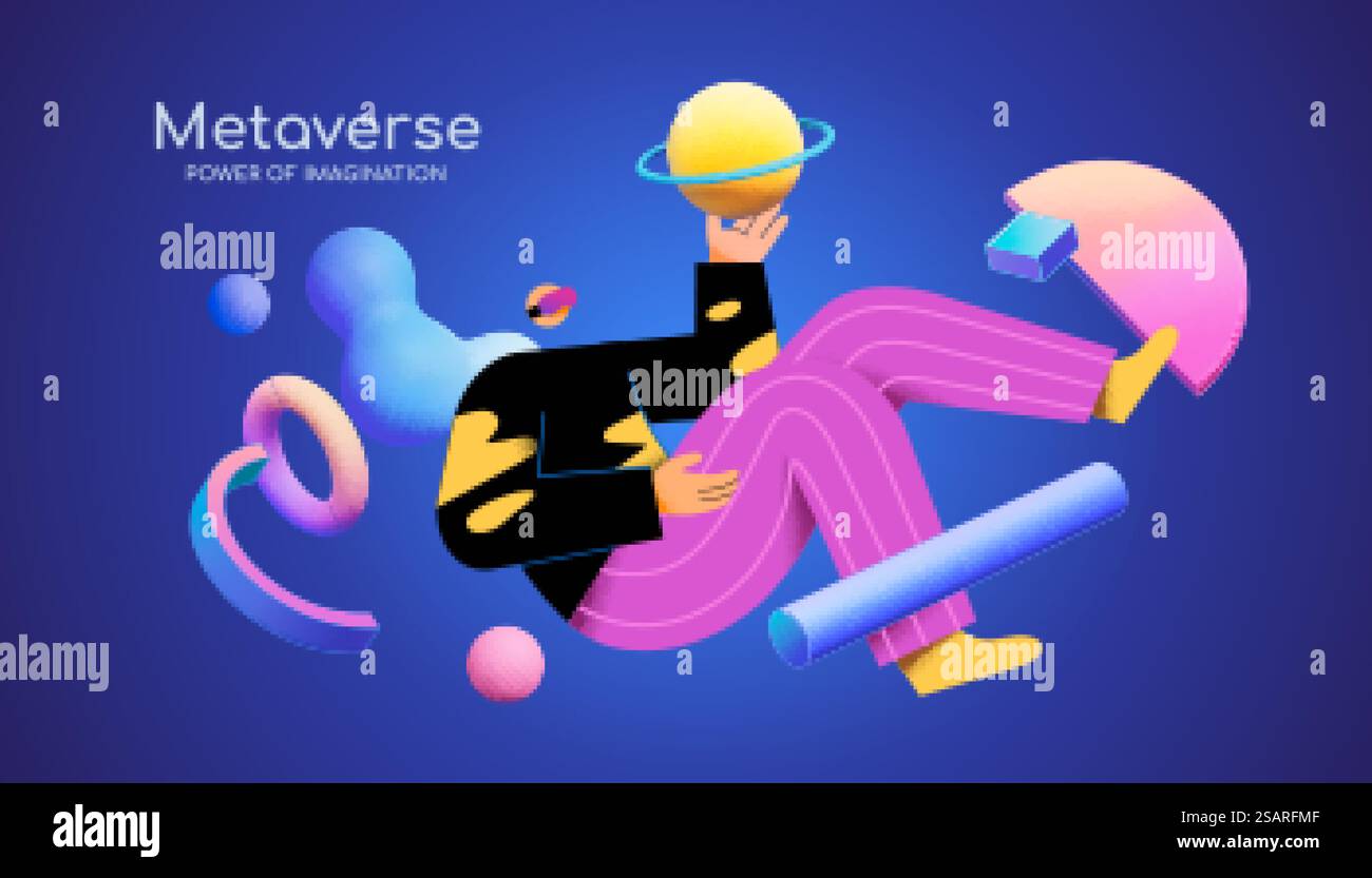 Ein junger Mann mit einer Brille, die zwischen geometrischen Formen des 3D-Neon-Gradienten schwebt. Surrealismus, Weltraumforschung, immersive Erfahrung, Metaverse oder virtuelle Realität. 3D VR oder Metaverse Illustration Stock Vektor