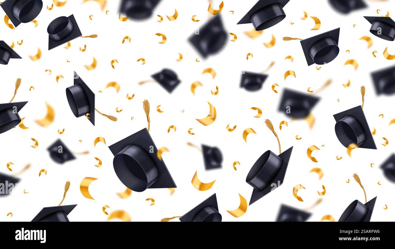 Graduierungskappen in die Luft geworfen. Fliegende Studenten Hüte mit goldenem Konfetti, Bildung realistischer Vektor 3D Hintergrund. Akademische Feier, Abschluss an der Universität, College. Graduierungskappen in die Luft geworfen. Fliegende Studenten Hüte mit goldenem Konfetti, Bildung realistischer Vektor 3D Hintergrund Stock Vektor