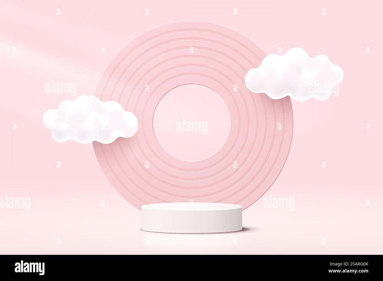 Abstraktes realistisches Podest mit weißem 3D-Zylinder mit Wolkenflug und kreisförmigem Hintergrund. Minimaler Wandmotiv in Pastellrosa für die Produktpräsentation. Geometrische Vektorkonstruktion für die Rendering-Plattform. Stock Vektor