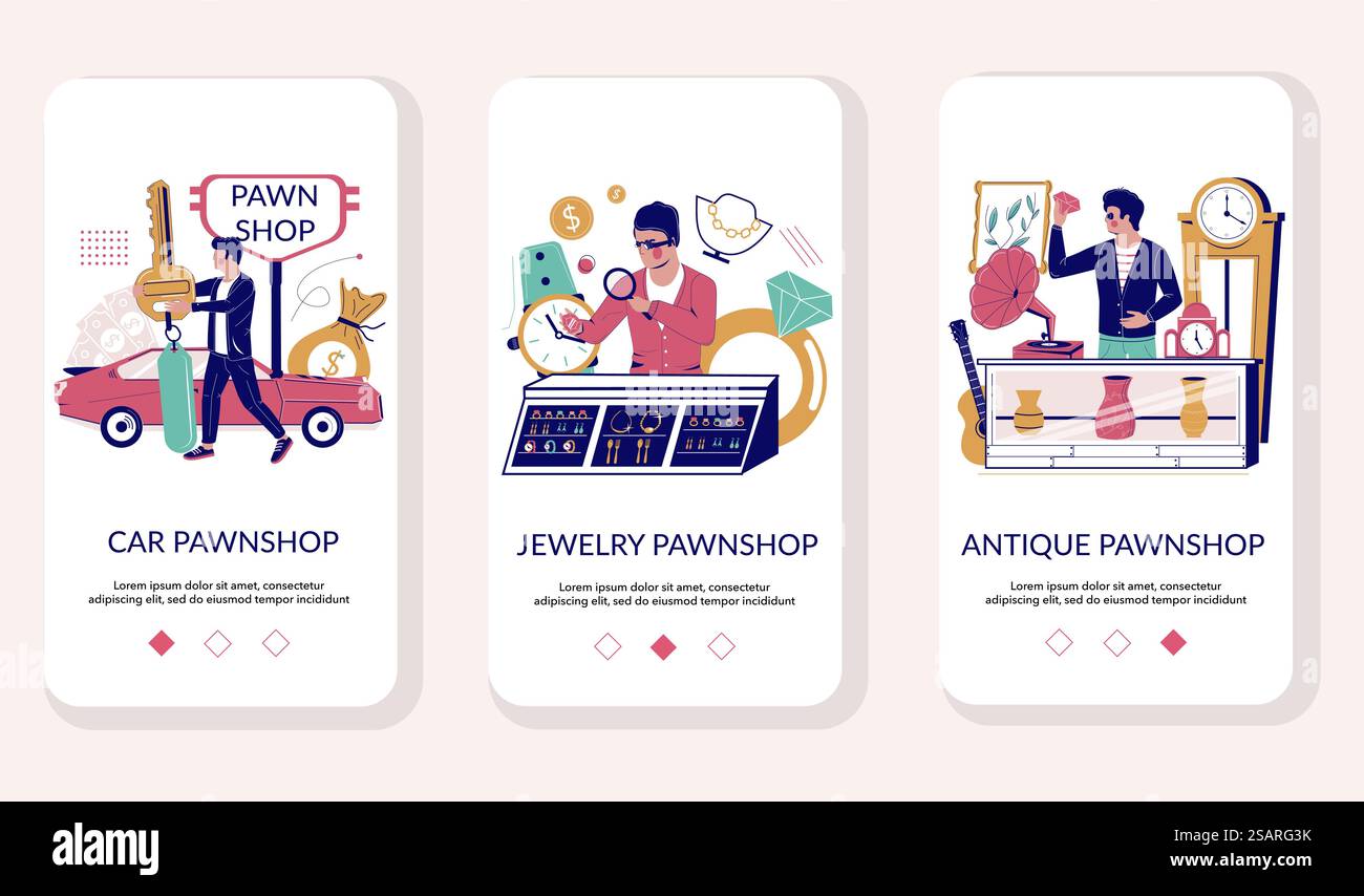 Onboarding-Bildschirme für die mobile App von Pfändlern. Menübanner Vektorvorlage für Website- und Anwendungsentwicklung. Pfandleiher oder Pfandleiher, der Sicherheiten im Austausch gegen Auto, Schmuck und Antiquitäten anbietet. Pfandhaus Mobile App Onboarding Bildschirme Vektorvorlage Stock Vektor