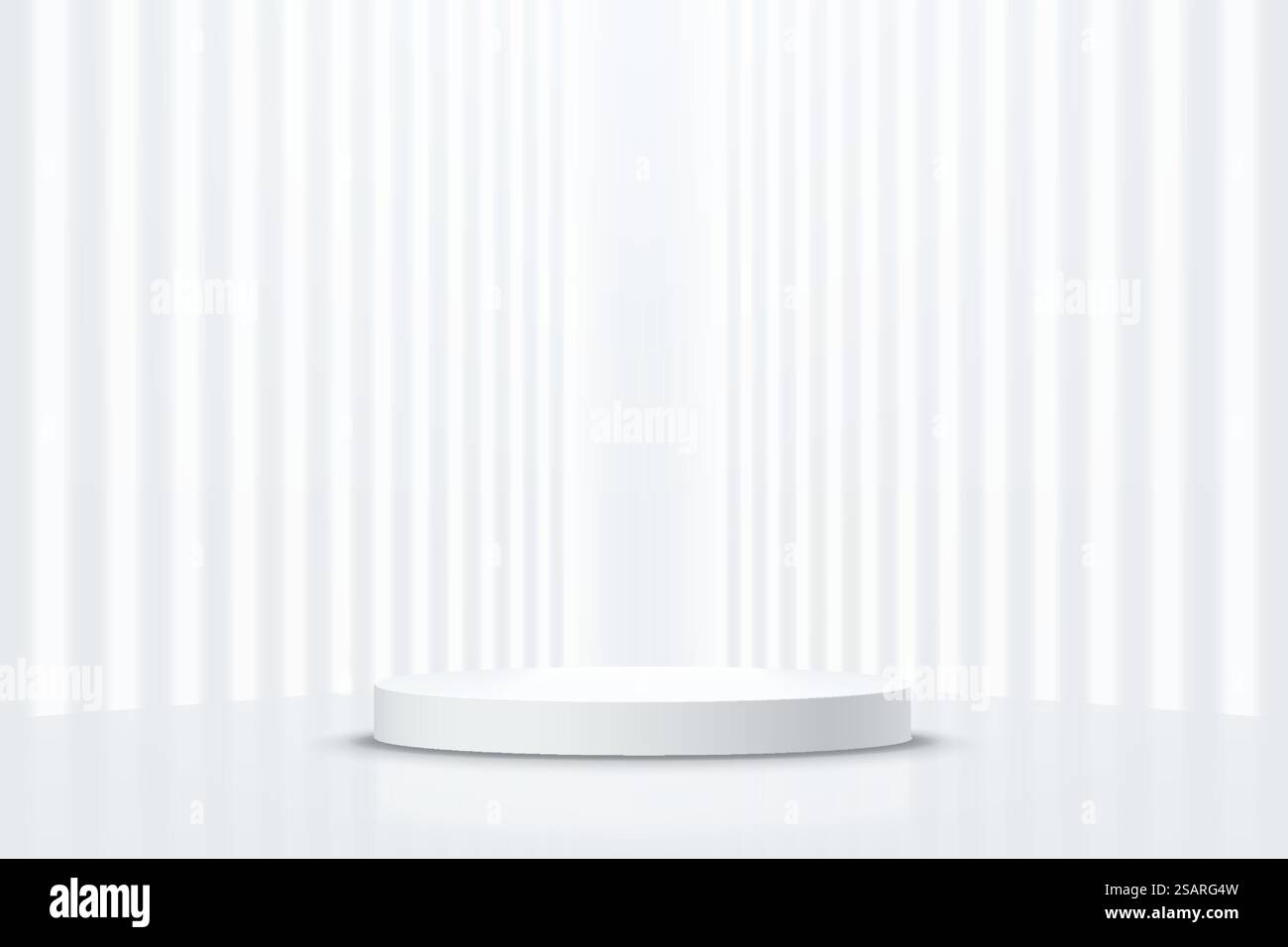Abstraktes, realistisches Podest mit 3D-silbernem Zylinder und perspektivischer vertikaler Neonbeleuchtung. Vektor-Rendering für die Präsentation der Produktanzeige. Futuristische Minimalszene. SCI-fi leerer Raum. Stock Vektor