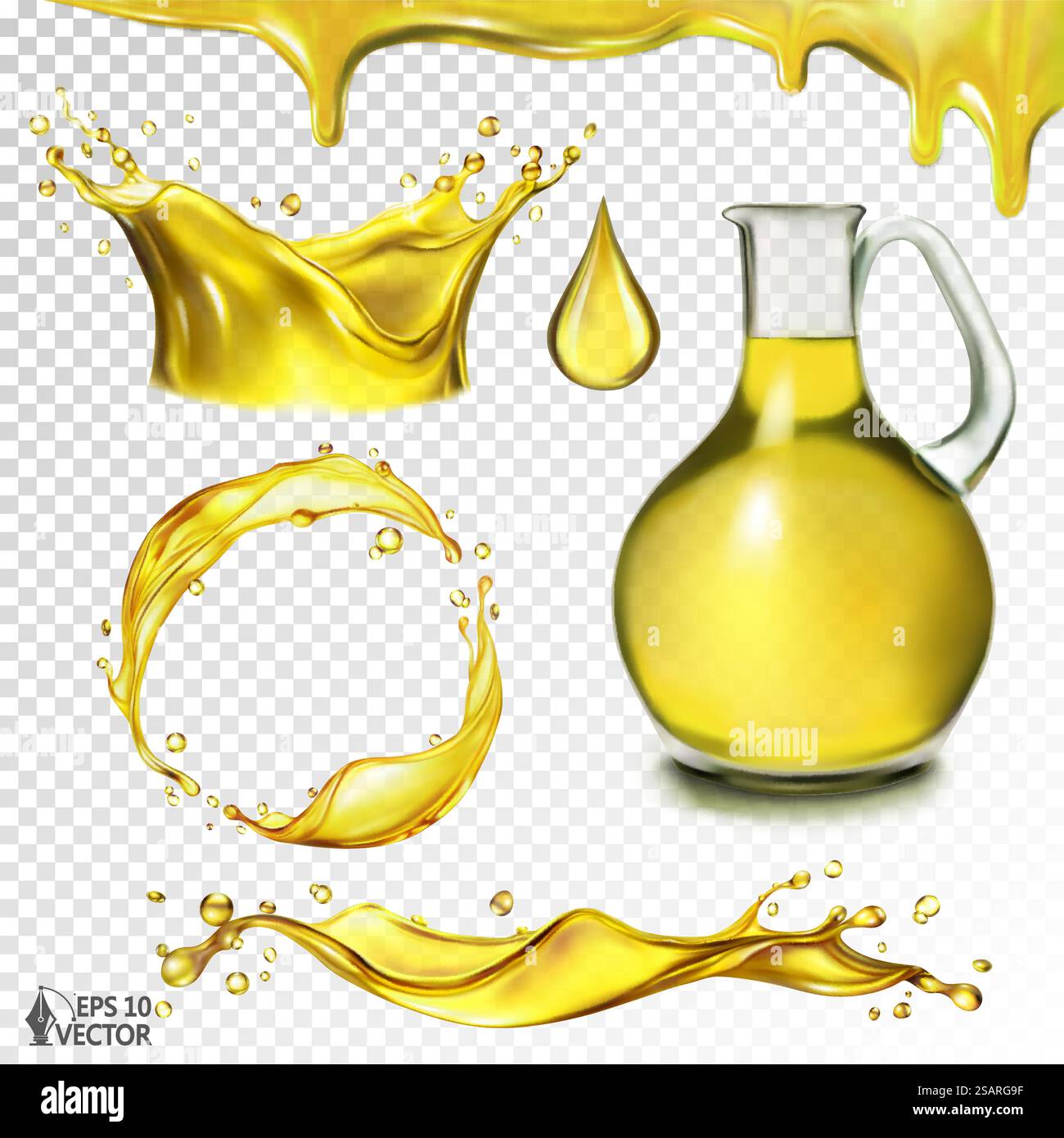 Vektorsatz von Öl- oder Kraftstoffspritzern. Realistische Lebensmitteldarstellung. Transparente Spritzer verschiedener Formen, Öl in einer Kanne isoliert auf weißem Hintergrund. Design-Element für Werbung und Verpackung. Vektorsatz von Öl- oder Kraftstoffspritzern. Realistische 3D-Illustration für Lebensmittel. Transparente Spritzer verschiedener Formen, Öl in einer Kanne isoliert auf weißem Hintergrund. Design-Element für Werbung und Verpackung Stock Vektor