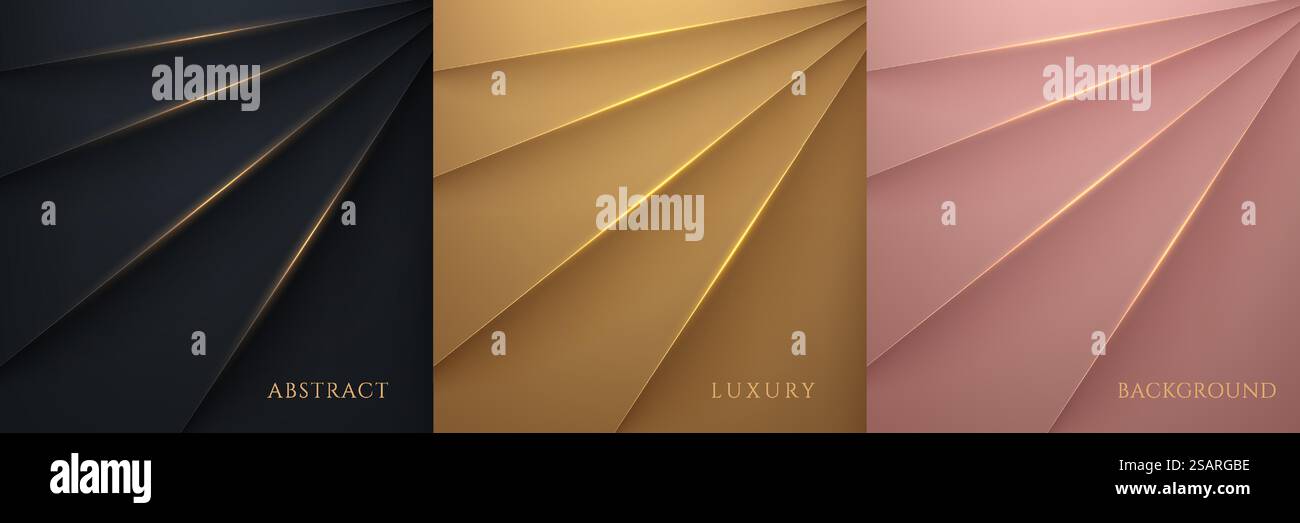 Set aus elegantem schwarzem, goldenem, glänzendem Hintergrund in rosa Gold, überlappender Schicht mit Schatten im luxuriösen Stil mit goldener Linie. Sie können als Vorlage für Broschüren, Poster und Banner-Web verwenden. Vektorabbildung Stock Vektor