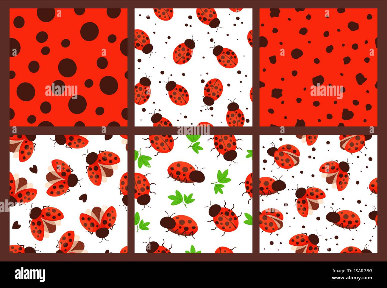 Marienkäfer-Muster. Rote Punkte Textur, Garten Wanzen und nahtlose Marienkäfer Illustration Vektor Set. Sammlung von gemusterten Marienkäfer-Tapeten, nahtloser Hintergrund. Marienkäfer-Muster. Rote Punkte Textur, Garten Wanzen und nahtlose Marienkäfer Illustration Vektor Set Stock Vektor