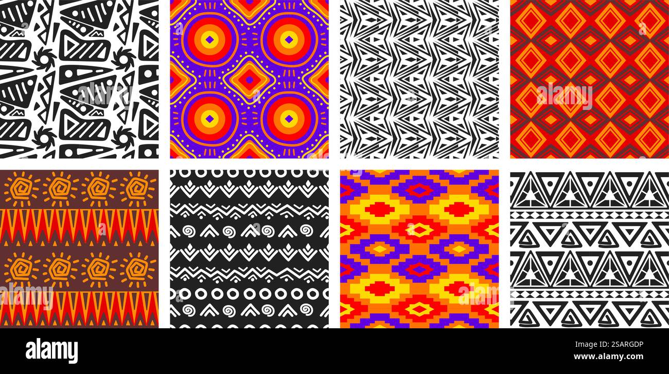 Geometrisches afrikanisches Muster. Nahtloses Mode-Textil, abstraktes Wachsgewebe Vektor-Set von afrikanischem Textilgewebe Mode nahtloser Hintergrund, geometrisches Muster mit traditioneller Design-Illustration. Geometrisches afrikanisches Muster. Nahtloses Motivmotiv Textil, abstraktes Wachsgewebe Druck Vektor Set Stock Vektor