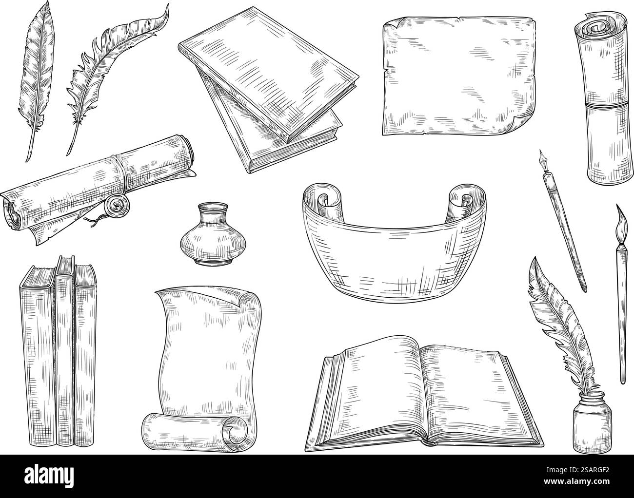 Schreiben von Skizzenliteratur. Vintage-Autoren-Tintenstift, Gedichtbuch und Manuskriptpapiere Rollen. Handgezeichneter Literaturvektor Satz Schreibfeder und Tusche Skizze Illustration. Schreiben von Skizzenliteratur. Vintage-Autoren-Tintenstift, Gedichtbuch und Manuskriptpapiere Rollen. Handgezeichnetes Literaturvektorset Stock Vektor