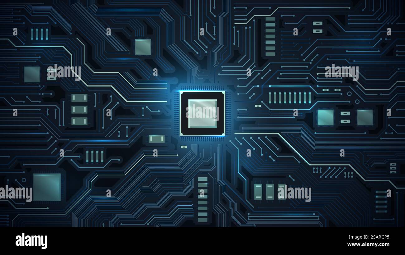Prozessor auf der Leiterplatte. Motherboard-Chips, Mikrochip elektronische und digitale Schaltungen Vektorillustration. Futuristische Computerelemente für die Datenverarbeitung. Virtuelle Datenbankkomponenten. Prozessor auf der Leiterplatte. Motherboard-Chips, Mikrochip elektronische und digitale Schaltungen Vektorillustration Stock Vektor