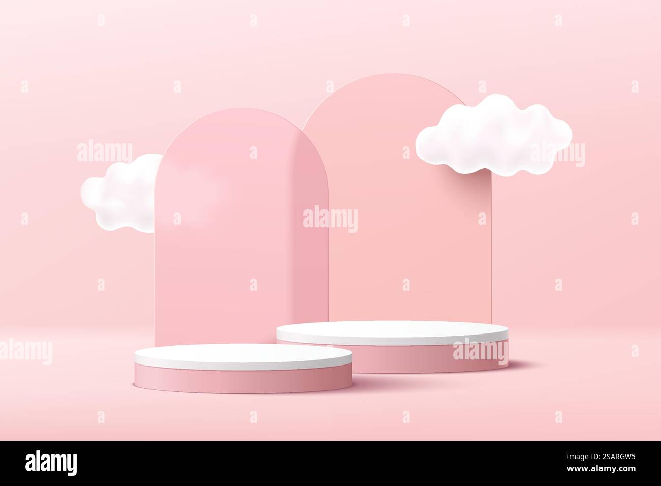 Abstraktes Podest mit rosafarbenem, weißem Zylinder in 3D mit Wolkenhimmel und geometrischem Hintergrund aus Bogenglas. Pastell Pink Minimal Szene. Geometrische Plattform für Vektor-Rendering für Produktpräsentationen. Stock Vektor