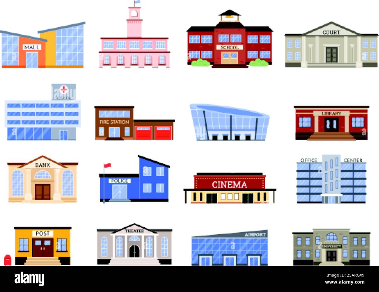 Regierungsgebäude. Stadtbibliothek, Krankenhaus und Postgebäude. Feuer- und Polizeistation, Gericht und Universität Vektor-Illustration Set. Unterhaltungs-, Handels- und Sportkonstruktionen. Regierungsgebäude. Stadtbibliothek, Krankenhaus und Postgebäude. Feuer- und Polizeistation, Gericht und Universität Vektor-Illustration Set Stock Vektor