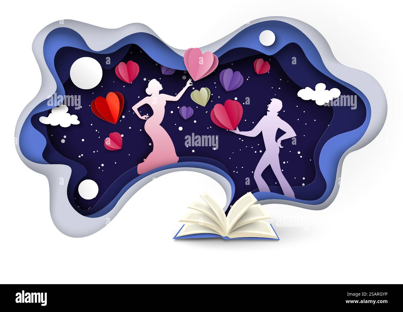 Romantische Liebesgeschichte Buch handwerkliche Papercut Origami Vektor Illustration mit männlichen und weiblichen Liebenden Silhouette über Sternenhimmel senden Herzen einander. Romantische Liebesgeschichte Buch Papercut Vektor Illustration Stock Vektor