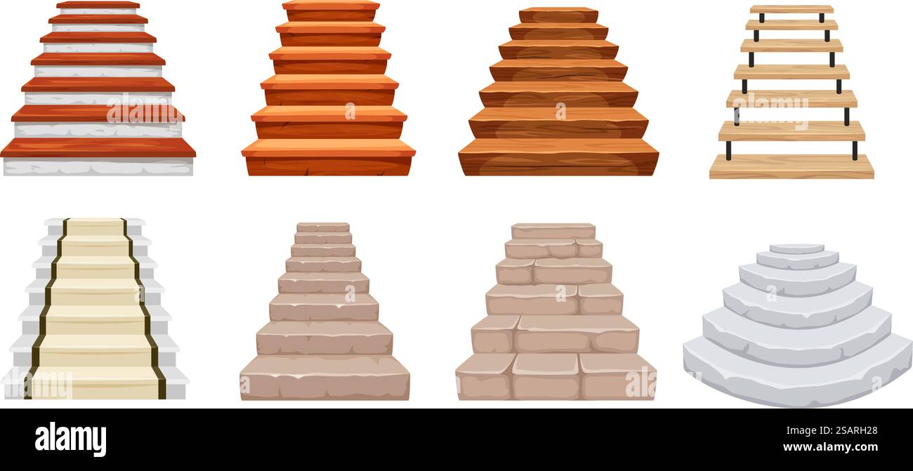 Zeichentricktreppen. Schlosstreppe aus Holz und Stein, Treppenstufen und antike Architektur Treppe isoliert Vektor Illustration Set. Innenobjekte für Zuhause, Palast. In die Höhe gehen, Erfolge erzielen. Zeichentricktreppen. Schlosstreppe aus Holz und Stein, Treppenstufen und antike Architektur Treppe isoliert Vektor Illustration Set Stock Vektor
