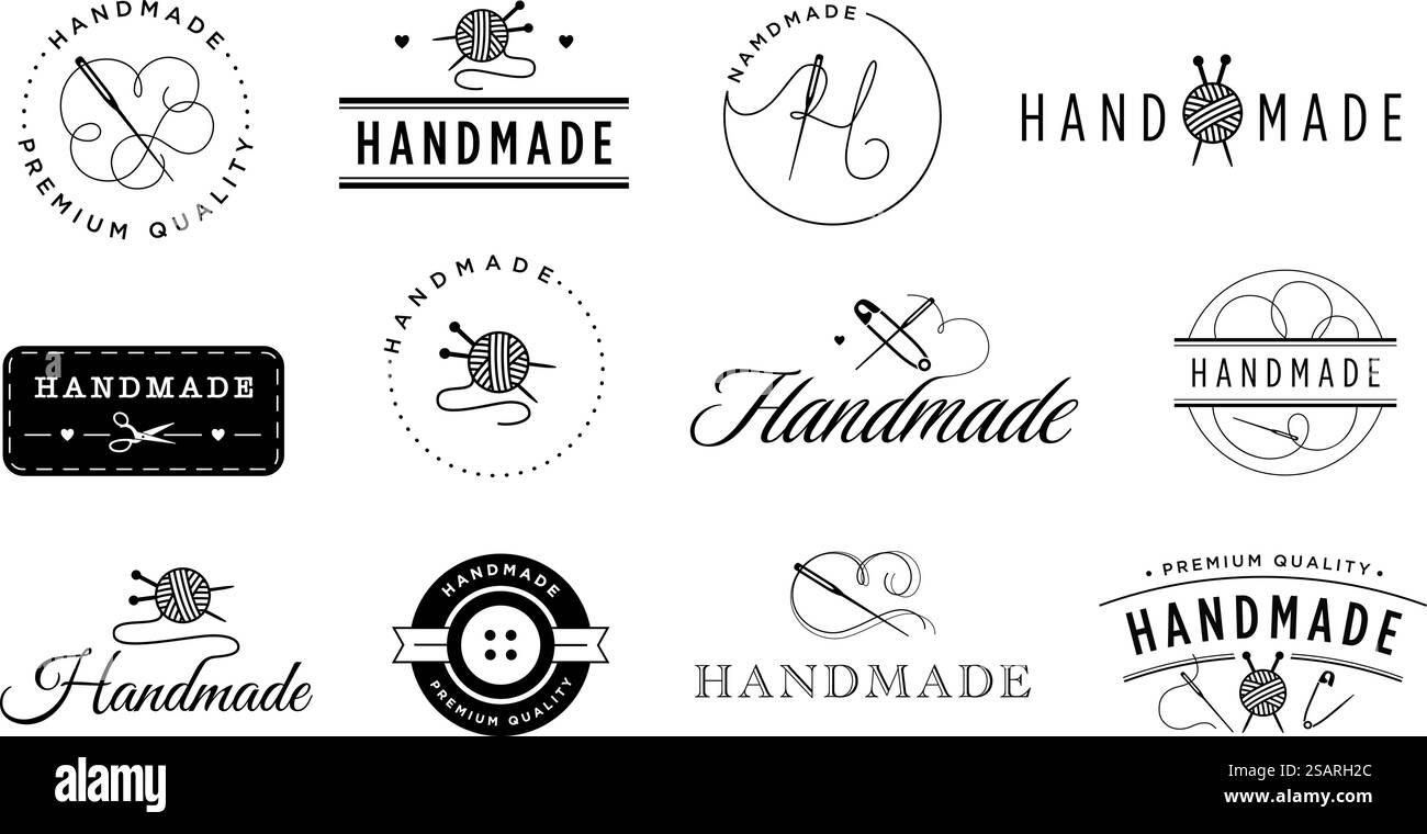 Handgefertigtes Emblem. Craft Strick Label, Stricken und Nähen Abzeichen mit Garn, Nadel und Faden Vektor Illustration Set. Modeatelier, Studio oder Boutique mit hochwertigem Logo. Handgefertigtes Emblem. Craft Strick Label, Stricken und Nähen Abzeichen mit Garn, Nadel und Faden Vektor Illustration Set Stock Vektor