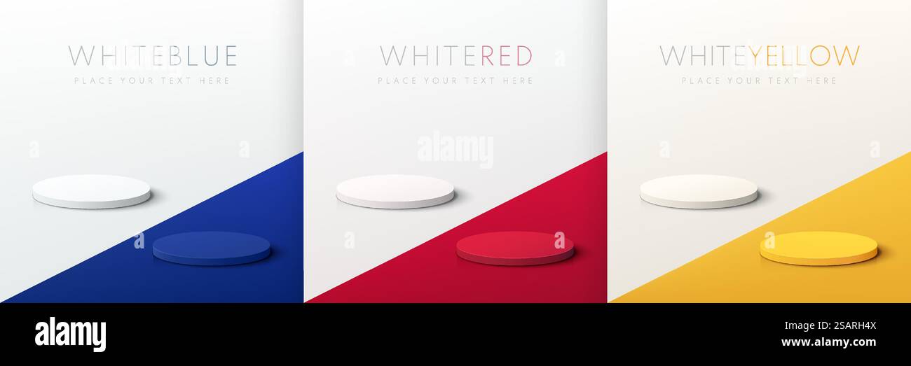 Set aus abstraktem rotem, blauem, gelbem und weißem 3D-Zylinderpodest auf kontrastfarbenem Bodenhintergrund. Vektor-Rendering minimales geometrisches Plattformdesign für Produktpräsentationen. Stock Vektor Set aus abstraktem rotem, blauem, gelbem und weißem 3D-Zylinderpodest auf kontrastfarbenem Bodenhintergrund. Vektor-Rendering minimales geometrisches Plattformdesign für Produktpräsentationen. Stock Vektor