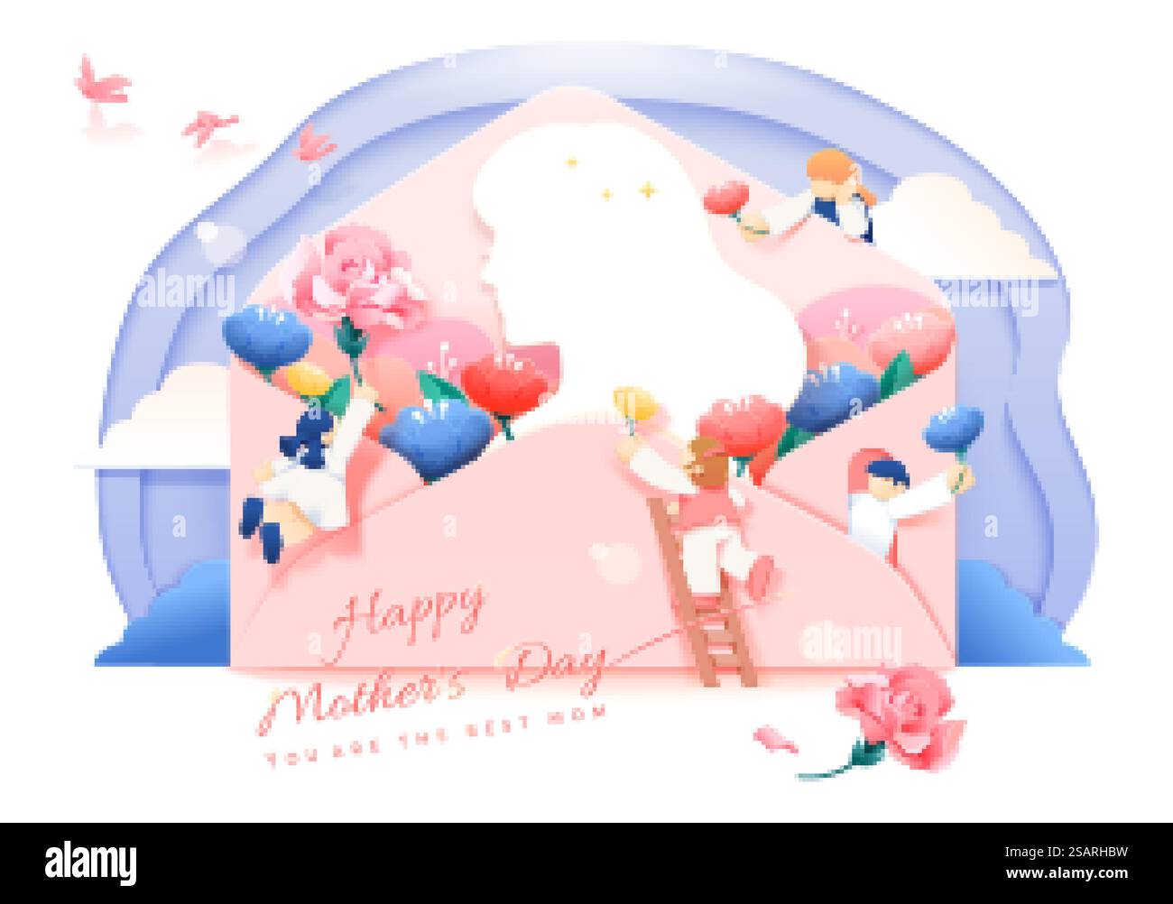 Elegante Vorlage zum Muttertag im Papierschnitt. Niedliche Kinder versammeln sich zu einem Brief und schenken Blumen an die Silhouette der Frau. Mutterschaft und Liebe senden. Elegante Muttertagskarte in Papierform Stock Vektor