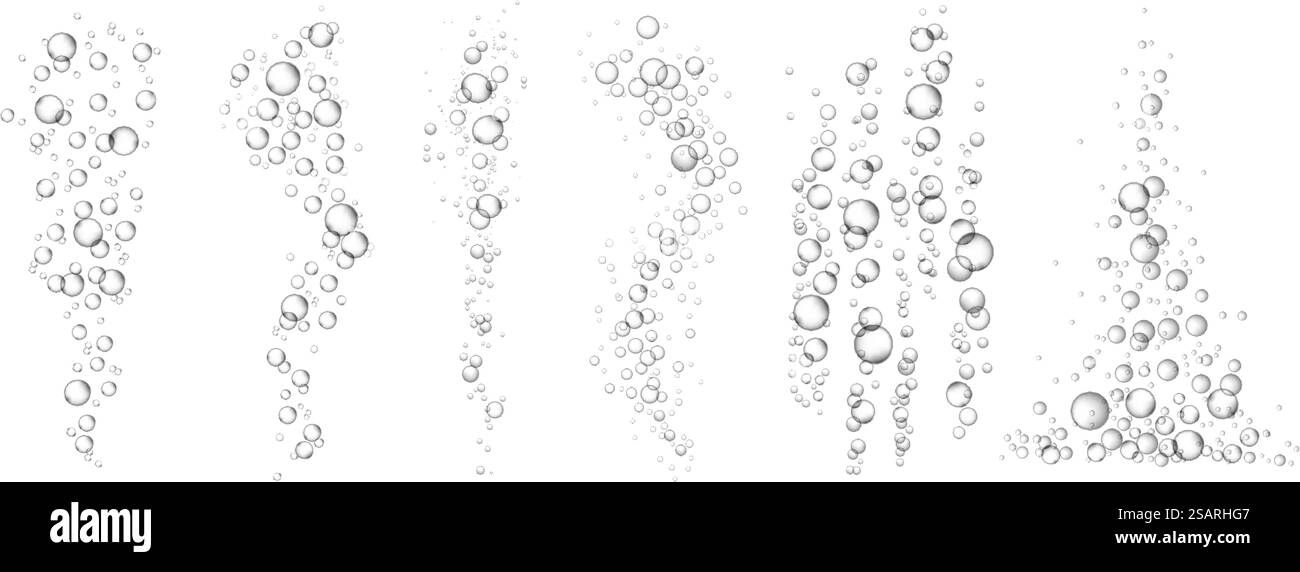 Kohlensäurehaltiges Wasser, Fizz-Blasen. Unter Wasser sprudelnde Luft verstreute Blasenströmung für kohlensäurehaltige Getränke. Schwimmende Sauerstoffkugeln visuelle Effektvektordarstellung von flüssigem Unterwassersauerstoff. Kohlensäurehaltiges Wasser, Fizz-Blasen. Unter Wasser sprudelnde Luft verstreute Blasenströmung für kohlensäurehaltige Getränke. Abbildung des visuellen Effekts des Vektors der schwimmenden Sauerstoffkugeln Stock Vektor