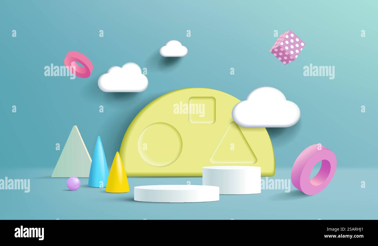 Stehen Sie und stellen Sie farbenfrohe Pastelltöne mit Wolken zur Schau. 3D-Rendering. Eine Szene für Werbung, Mockup für die Produktpräsentation oder Präsentation von Kindern. Stock Vektor