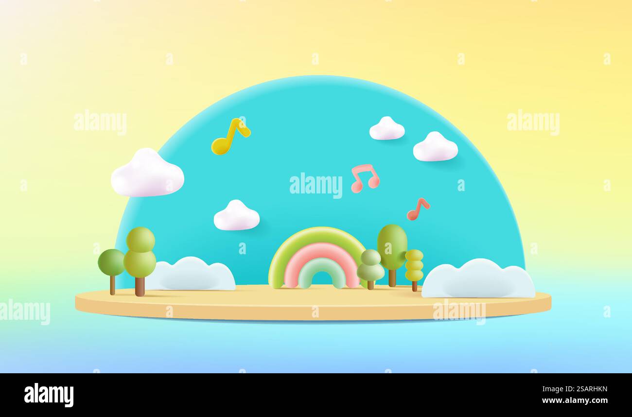 Bühnendekor mit Baumformen. 3D-Sockel, natürliche Szene oder Plattform für Produktständer. Vektorabbildung. Podium für Produktpräsentationen von Kindern. Stock Vektor