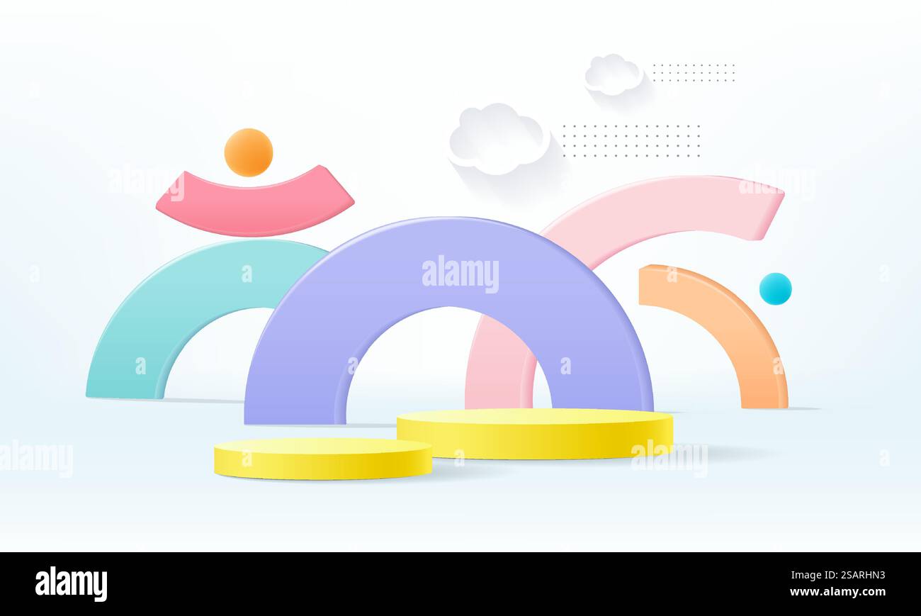 3D-Darstellung von Podium und abstrakter geometrischer Darstellung mit Leerraum für das vorliegende Produkt. Stock Vektor