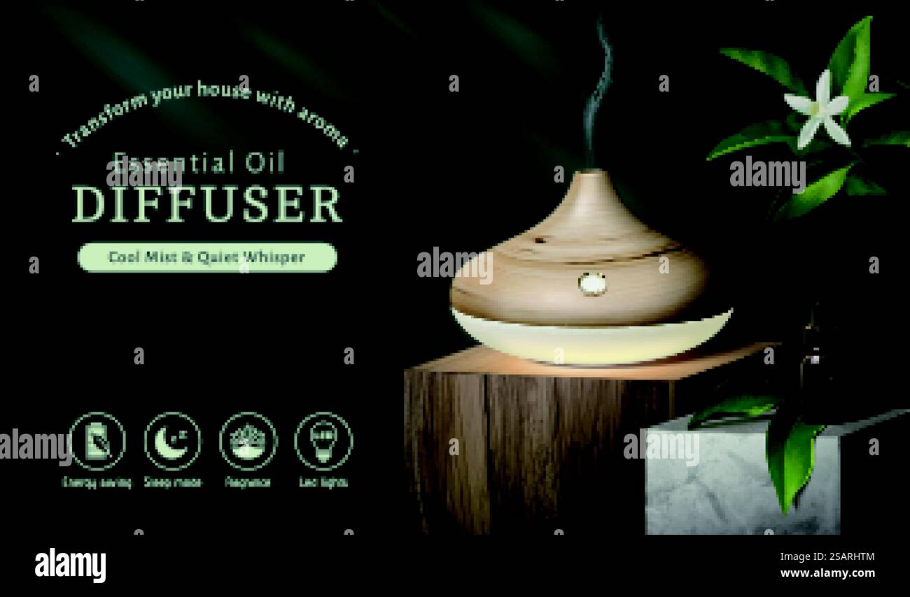 Natürliches luxuriöses Aroma-Diffusor oder Luftbefeuchter Ad-Template. 3D-Produktmodell auf einer quadratischen Holzbühne mit ätherischem Öl und Jasminblüten. 3D natürlicher Luxus Aroma-Diffusor Ad Stock Vektor