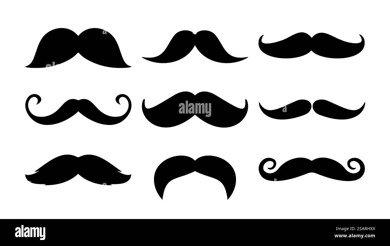 Satz Schnurrbart-Symbole. Dekorative Elemente für den Stand. Männer und Väter Symbol. Vektorschwarz isolierte Silhouetten Stock Vektor