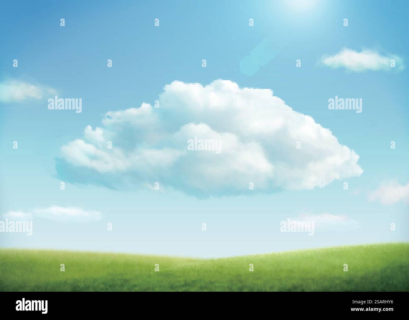 3D Grasfeld mit wunderschönen großen Wolken, die am sonnigen blauen Himmel schweben. Geeignet für die Anzeige von landwirtschaftlichen oder biologischen Produkten. Hintergrund des 3D-Suuny-Grasfeldes Stock Vektor