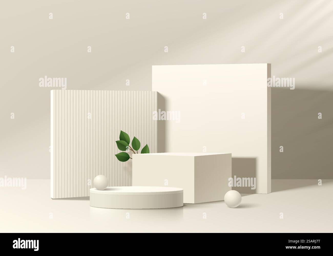 Abstrakter 3D-Hintergrund, realistische Schritte beige rund, Würfelpodest mit Palmblattschatten. Minimale Szene für Modellproduktanzeige. Geometrische Vektorformkonstruktion. Bühne zur Präsentation. Stock Vektor