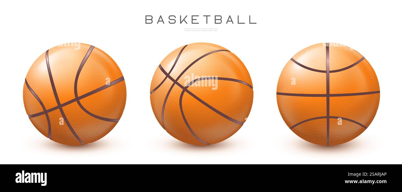 Vektorrealistische Basketballbälle in verschiedenen Ansichten. Abbildung der Sportausrüstung isoliert auf weißem Hintergrund EPS10 Stock Vektor