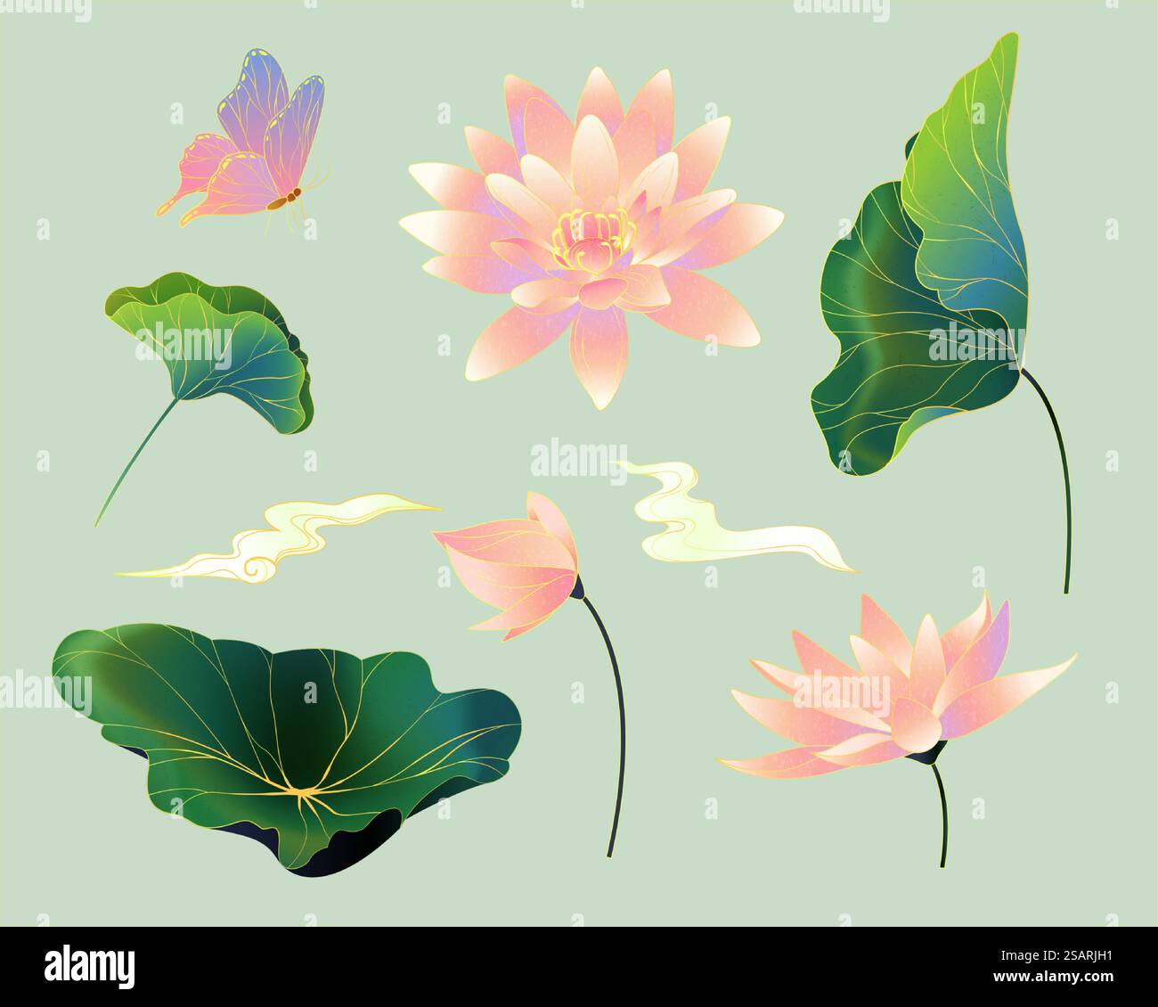 Orientalische Vintage-Zeichnungen von Lotusblüten und -Blättern. Botanische Elemente isoliert auf hellgrünem Hintergrund. Orientalische Vintage Lotuszeichnungen Stock Vektor