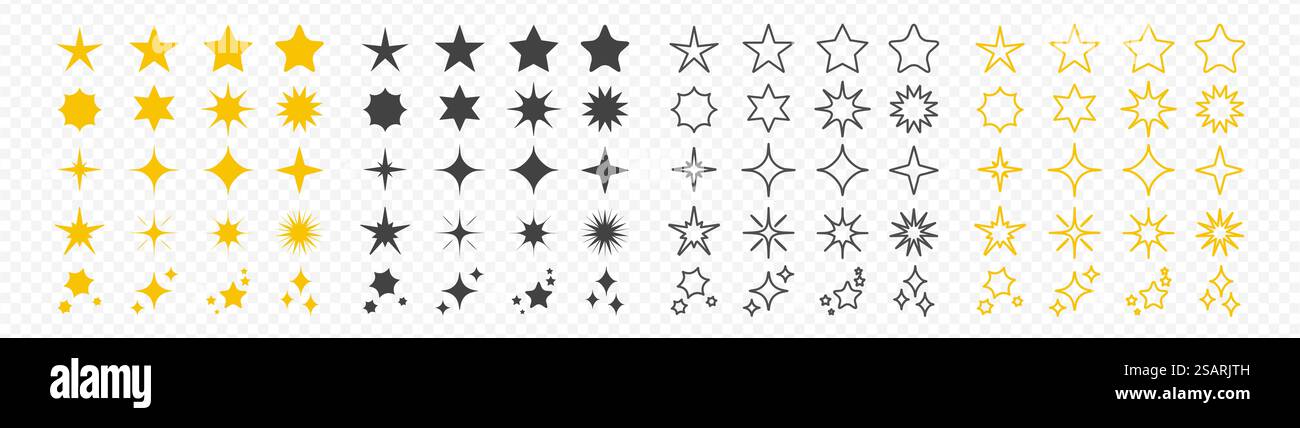 Vector Stars Kollektion. Gelbe und schwarze Sternsymbole in schlichtem, flachem Stil. Designelemente für Feiertage, Grußkarten Stock Vektor