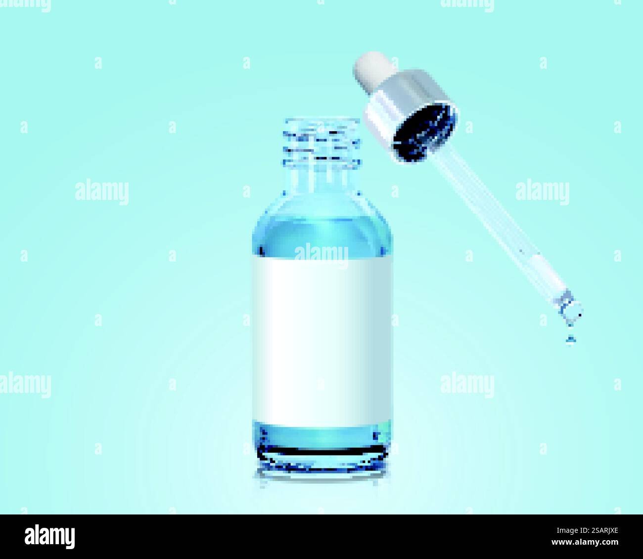 Tropfflasche aus 3D-Glas mit Pipette isoliert auf blauem Hintergrund. Container-Mock-up-Element für Serum, Essence und ätherisches Öl. Tropfflasche aus 3D-Glas Stock Vektor