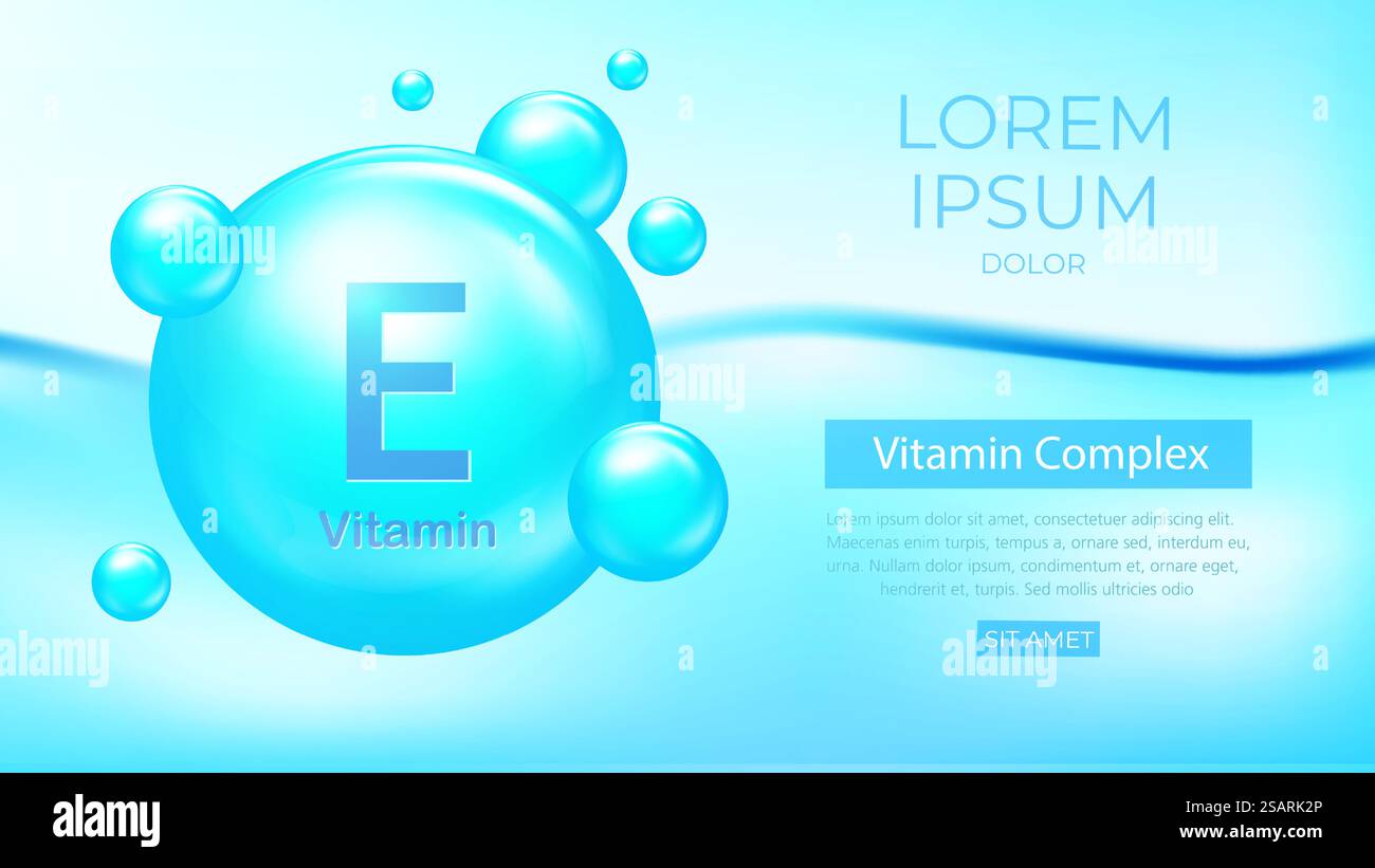 Vitamin-E-Vektor-Banner im 3D-Stil. Blaue Pille Kapsel Symbol. Vitaminkomplex-Werbung. Hautpflege und Gesundheitskonzept EPS10 Stock Vektor