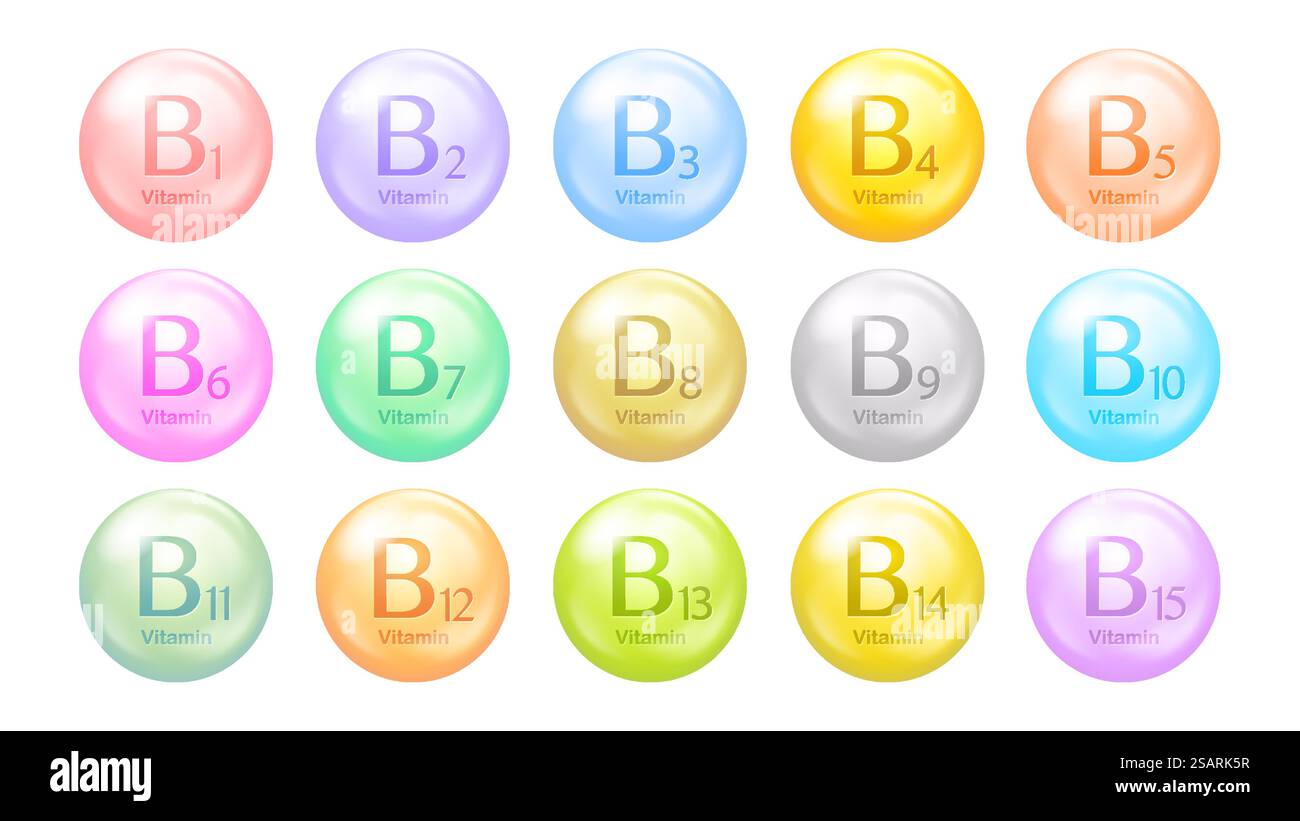 Vektorsymbole der Vitamine B-Gruppe. Set mit runden, mehrfarbigen Pillen. Gesundes Lebenskonzept Stock Vektor