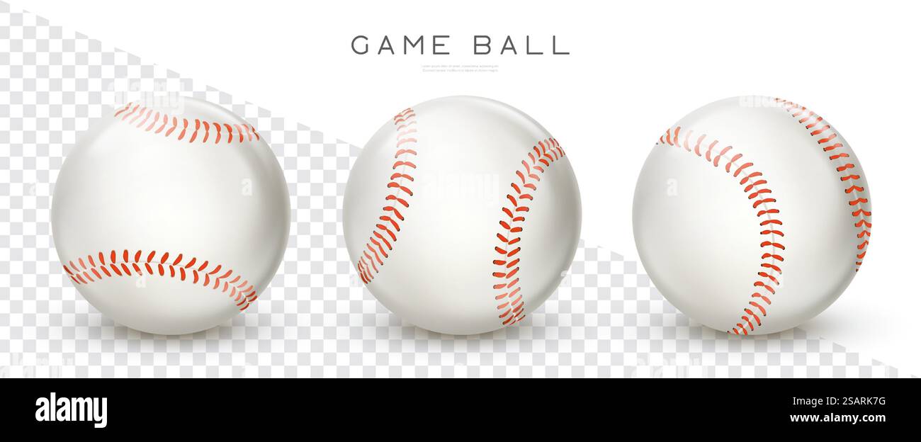 Baseballkugeln aus Leder. Vektorrealistische Softball-Symbole. Sportspielausrüstung isoliert auf transparentem Hintergrund Stock Vektor