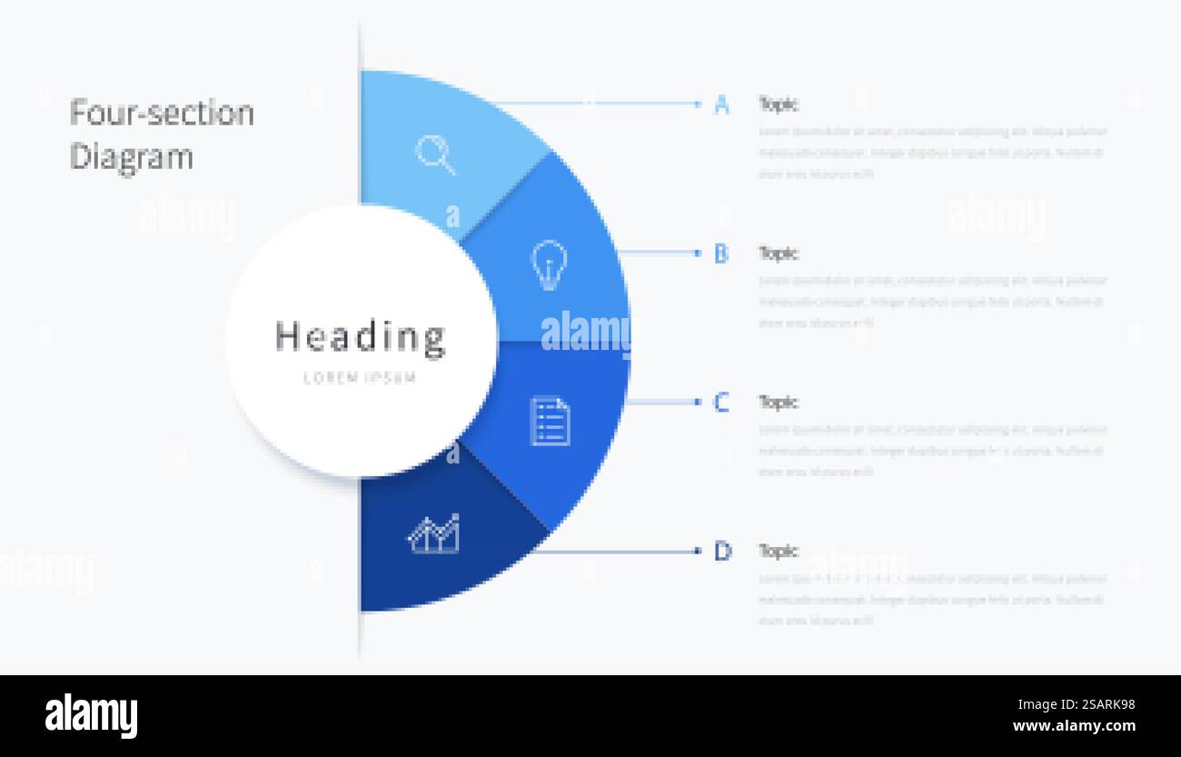 Infografik-Elemente mit vier Abschnitten, blaue Infografiken-Designvorlage mit Symbolen. Vierteilige Infografik Stock Vektor