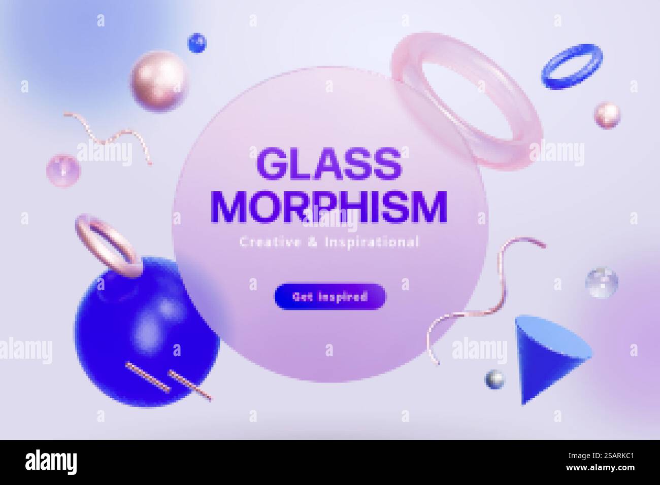 3D kreatives Glasmorphismus-Hintergrunddesign. Die Zusammensetzung der fliegenden Kreisscheibe mit Kugel, Kegelform, Ring und metallischen Wellenstäben. 3D-Glasmorphismus-Hintergrunddesign Stock Vektor