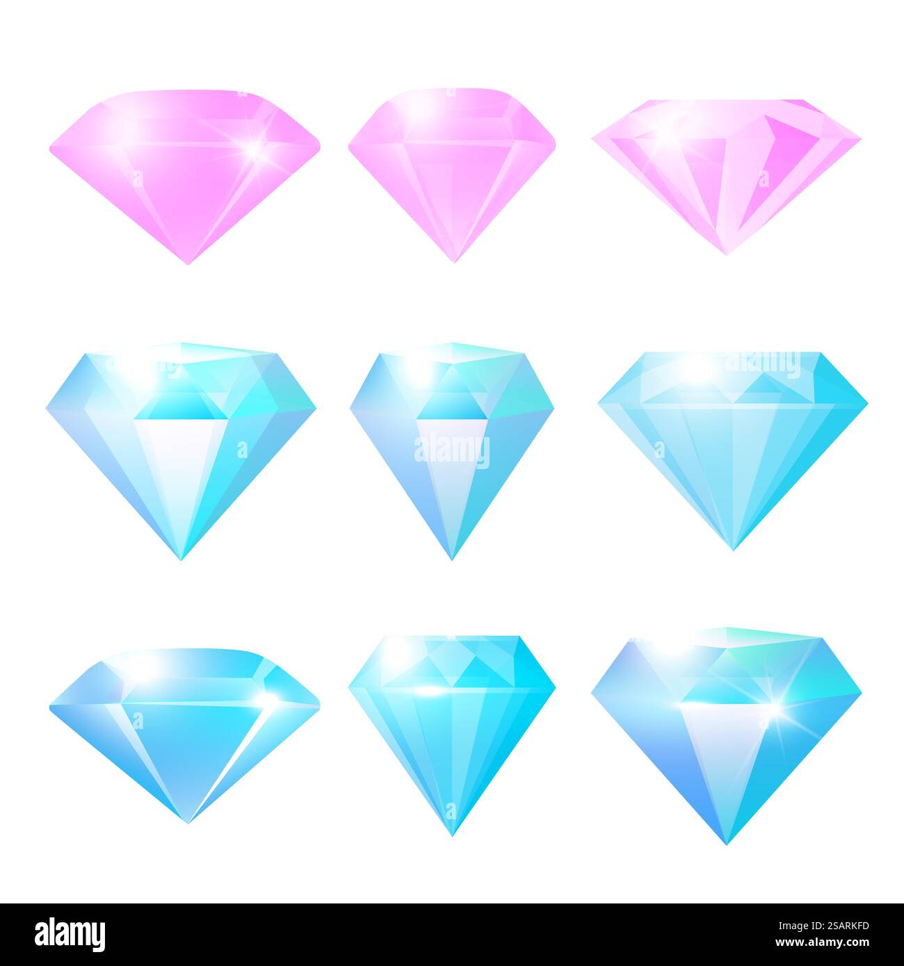 Diamanten isoliert auf weißem Hintergrund. Schmuckstücke oder Brillantkollektion. Realistische 3D-Glassteine in Hochglanz. Juwelen für das Spiel. Edelsteine oder Kristalle für Schmuckgeschäfte. Vektorabbildung EPS10 Stock Vektor