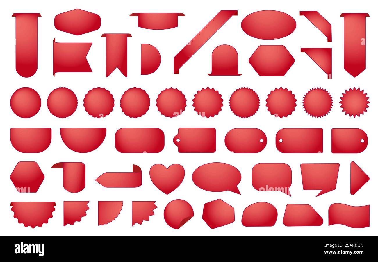 Rote Verkaufsetiketten. Vektor-Tag, Burst-Stempel, Werbeabzeichen, Aufkleber neue Vorlagen. Symbole für Chatnachrichten, Sprechblasen, Mockup-Kollektion für neue Produktschilder. Neue Ankunftsetiketten, Etiketten für Verkaufsgutscheine Stock Vektor