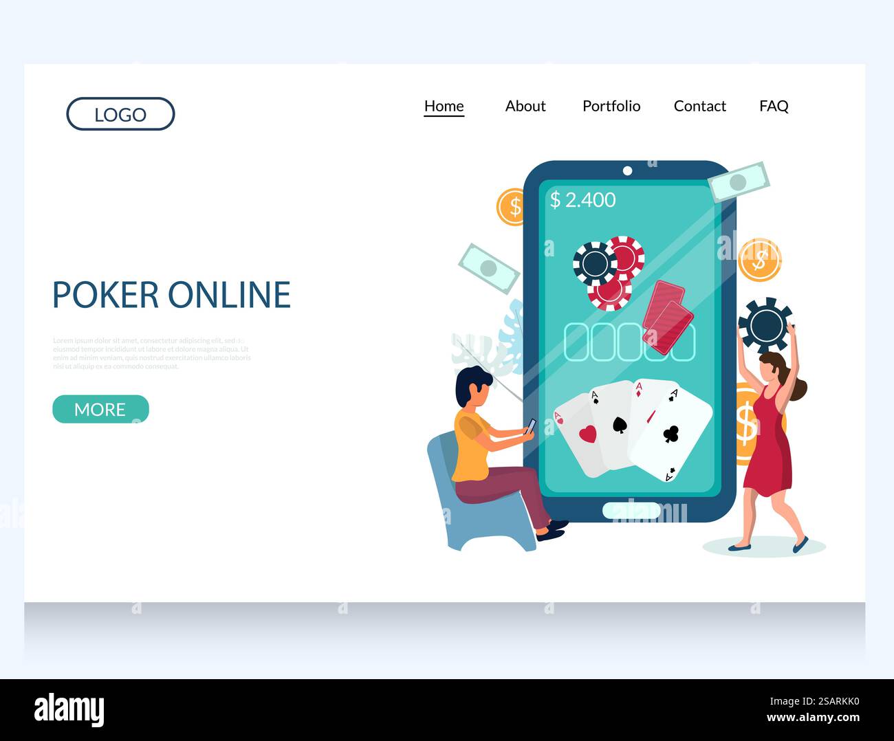 Poker Online-Vektor-Website-Vorlage, Website- und Landing-Page-Design für Website- und mobile Website-Entwicklung. Riesiges Smartphone und weibliche Charaktere spielen Internet Casino Poker Spiel... Online-Poker-Vektor-Website-Landing-Page-Design-Vorlage Stock Vektor